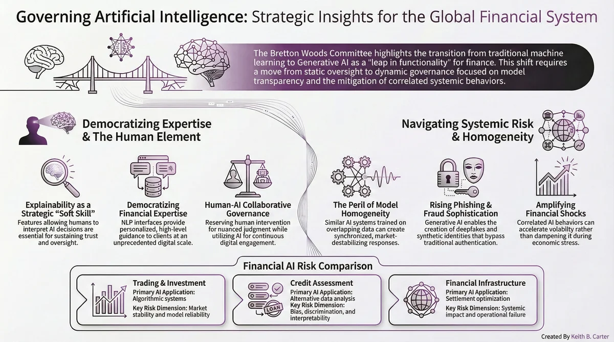 Governing Artificial Intelligence: Strategic Insights for the Global Financial System showing democratizing expertise, navigating systemic risk, and financial AI risk comparison across trading, credit assessment, and infrastructure
